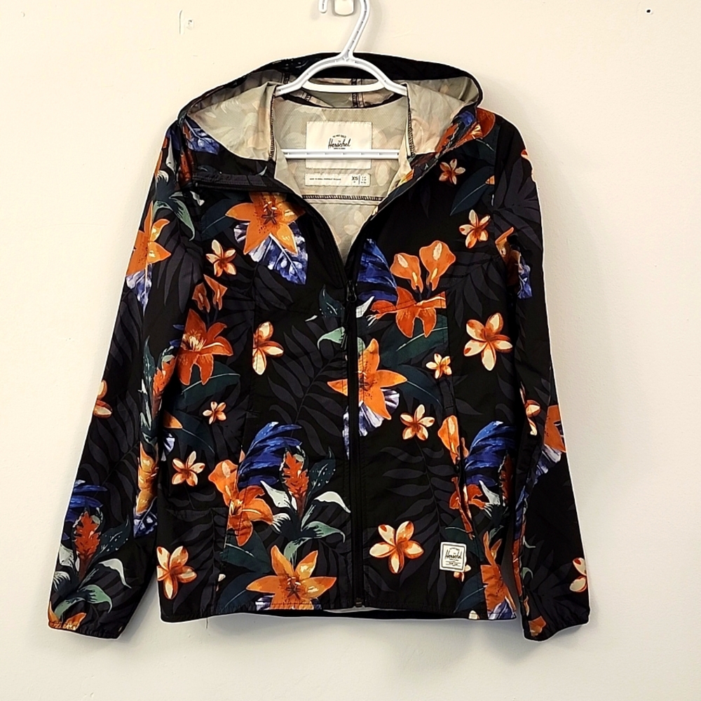 Herschel floral print rain jacket packable into pack pocket XS